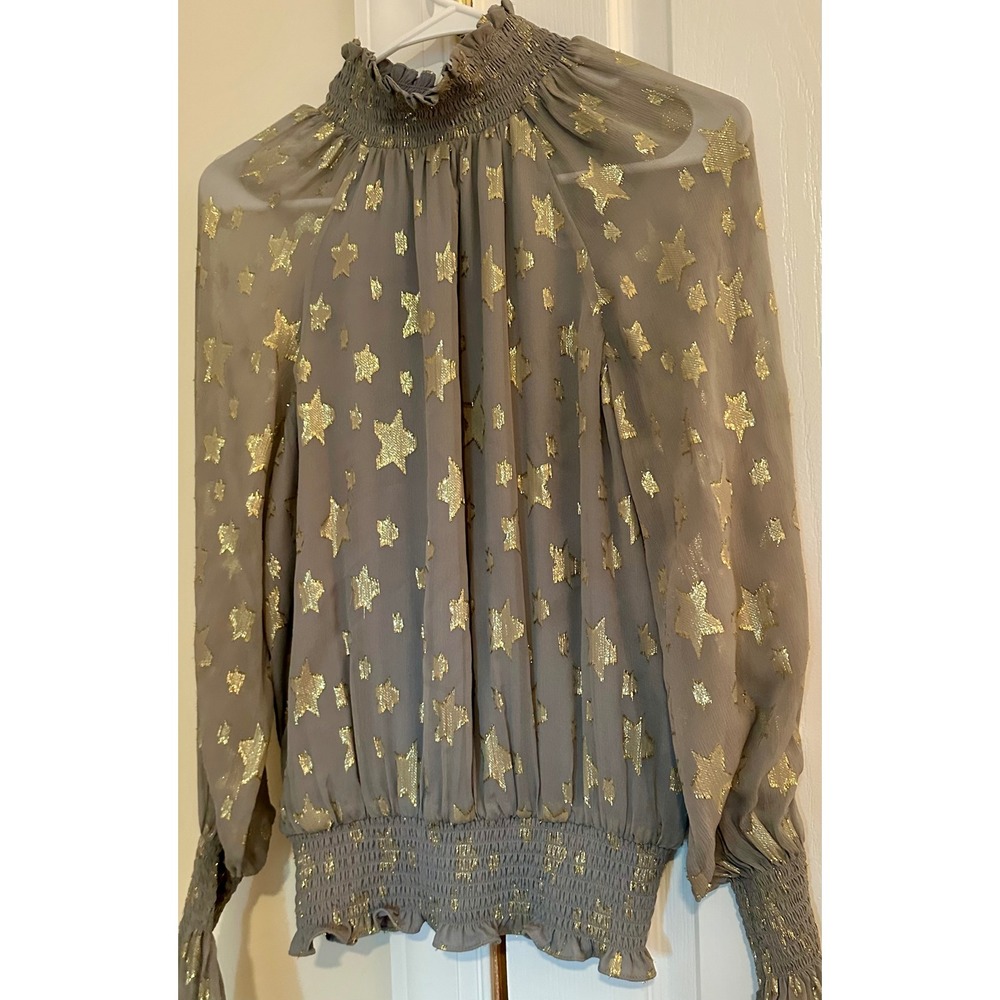 Ramy Brook New York Blouse Gold Star Sheer Long Sleeve Smocked Mock Neck Top XS